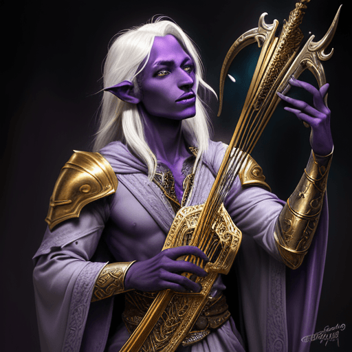 AI generated: Dungeons and Dragons 5e Male Half-Drow Bard, purple skin, chaotic neutral, airbrushed fantasy artwor...