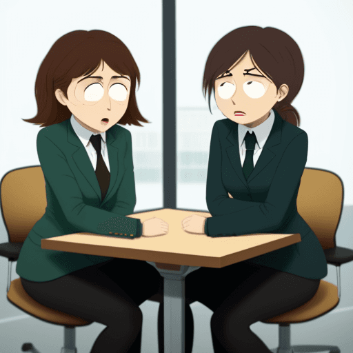 AI generated: two people sitting at a desk, talking, one is very surprised, flustered even. They are in an office,...
