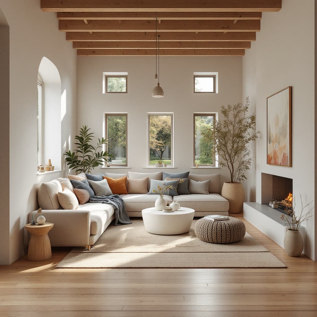 AI generated: High resolution photography interior design, dreamy sunken living room conversation pit, wooden floo...