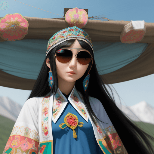 AI generated: kazakh beauty girl. black long hair. traditional clothes. line eyes. Turkish style. sunglasses refle...