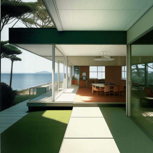 AI generated: Hyper realistic eye level exterior photo of a mid century modern style house overlooking the ocean, ...