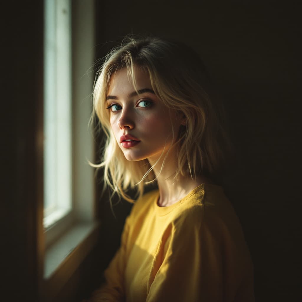AI generated: blond girl in a yellow shirt is posing, soft, atmospheric lighting --chaos 33 --ar 1:2 --profile yru...
