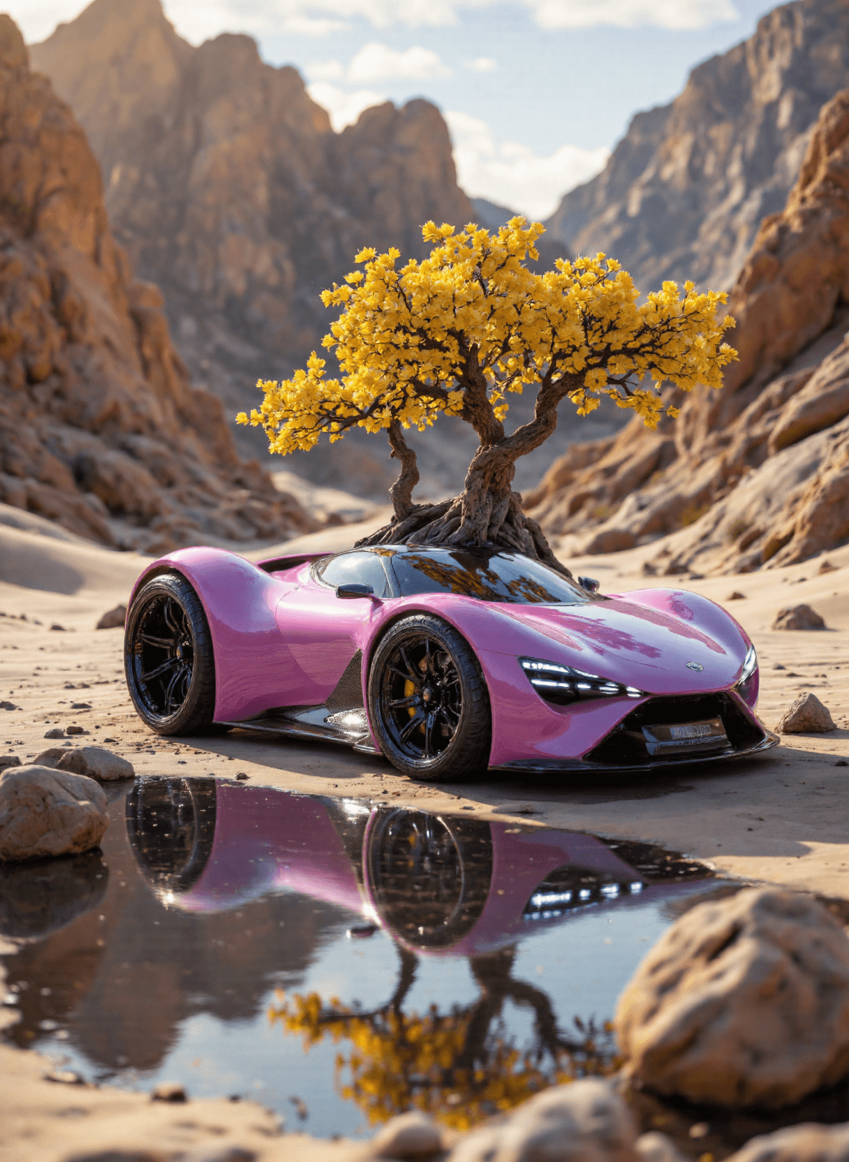 AI generated: The image depicts a futuristic car situated in a surreal desert landscape. The car has a sleek, aero...