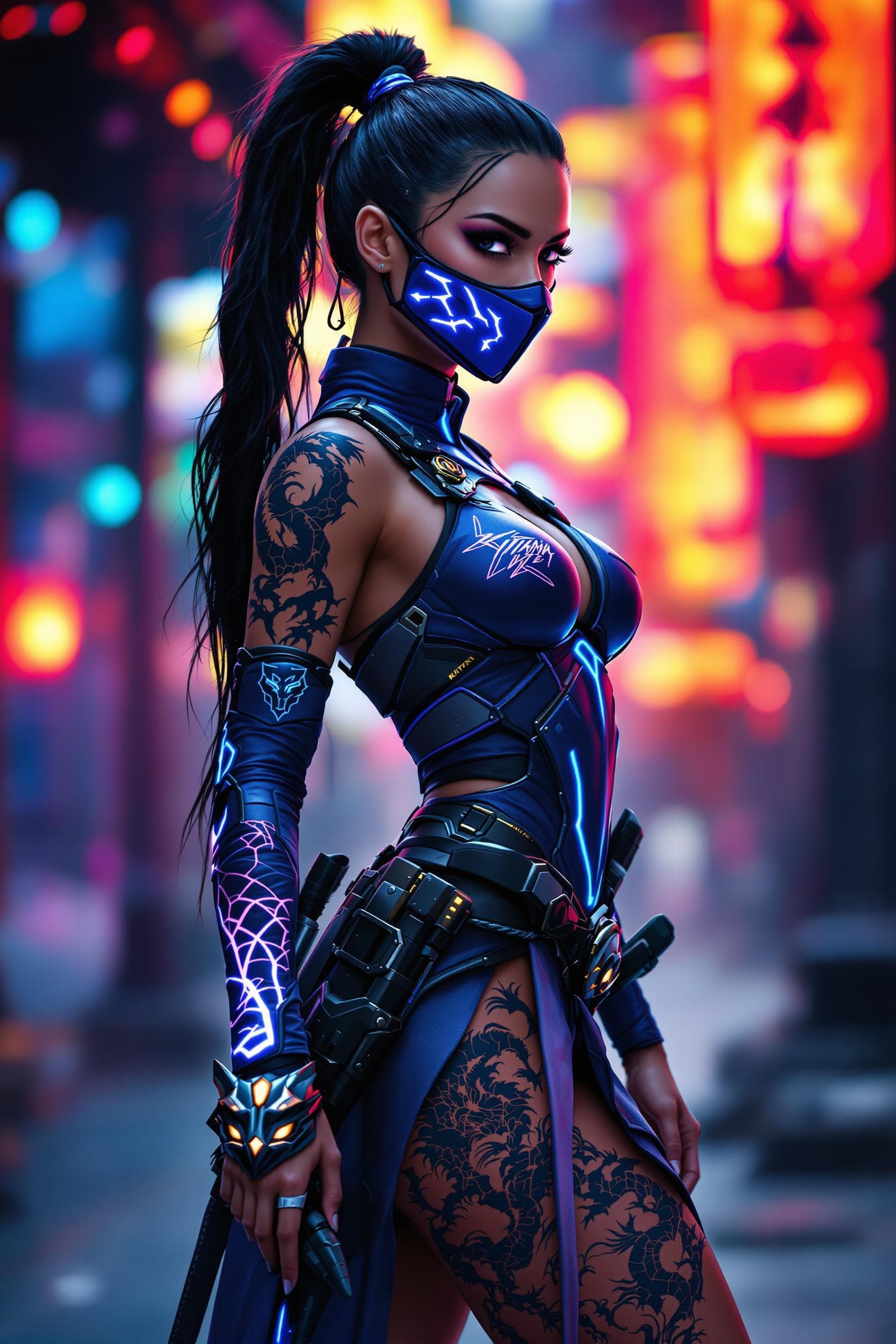 AI generated: A stunning Kitana warrior from Mortal Kombat, wearing a cyberpunk-inspired outfit in deep blue with ...