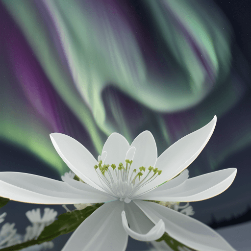 AI generated: northern lights on a white background, around thin lines and translucent flowers
