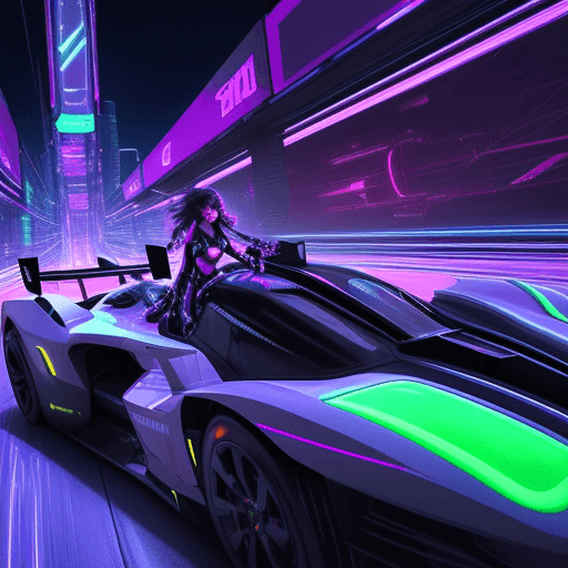 AI generated: Electrifying scene captures a stunning woman astride a futuristic race car , its sleek frame bathed ...