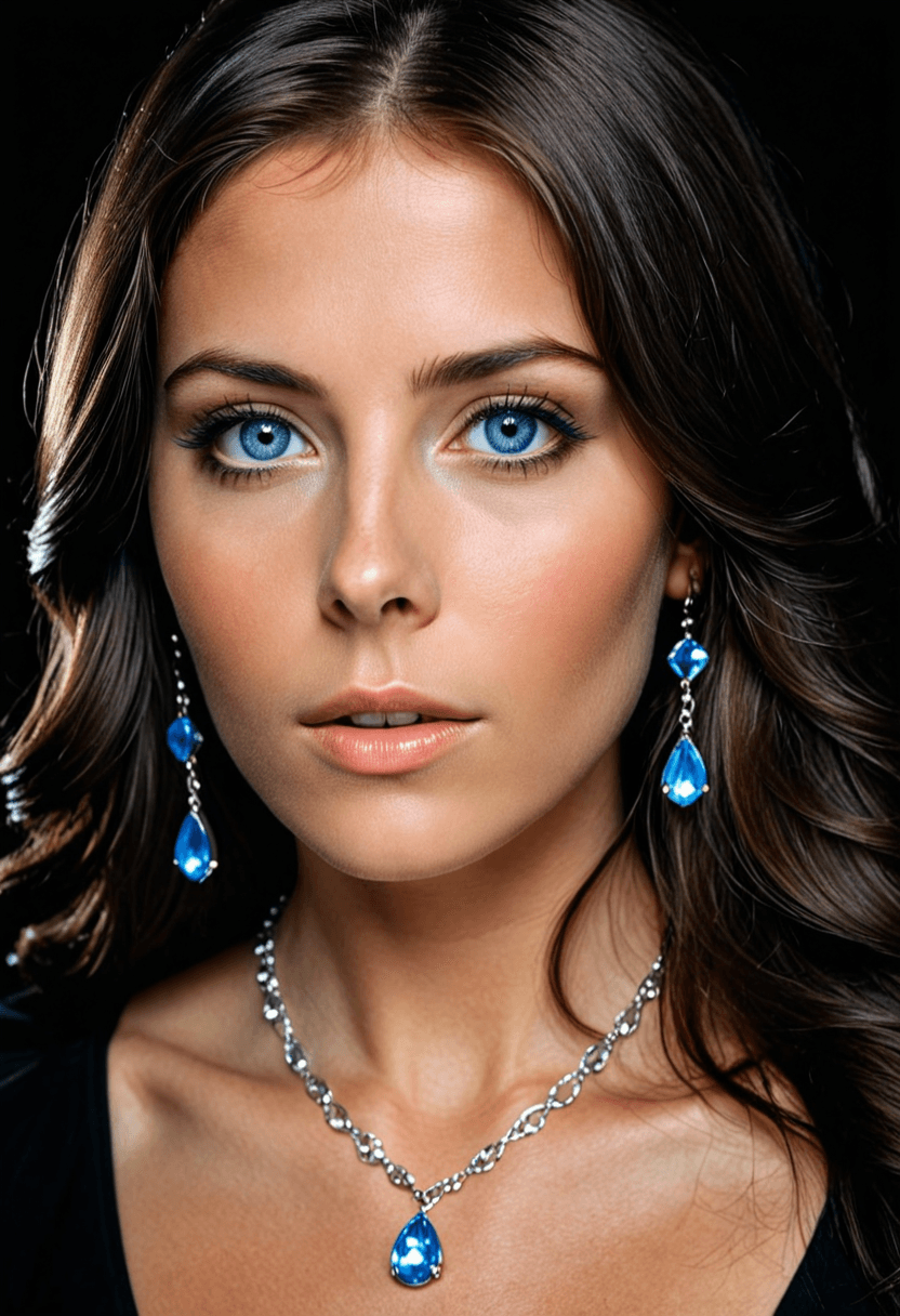 AI generated: analog film photo black background, beautiful woman, jewelry, long brunette hair, black clothing, li...