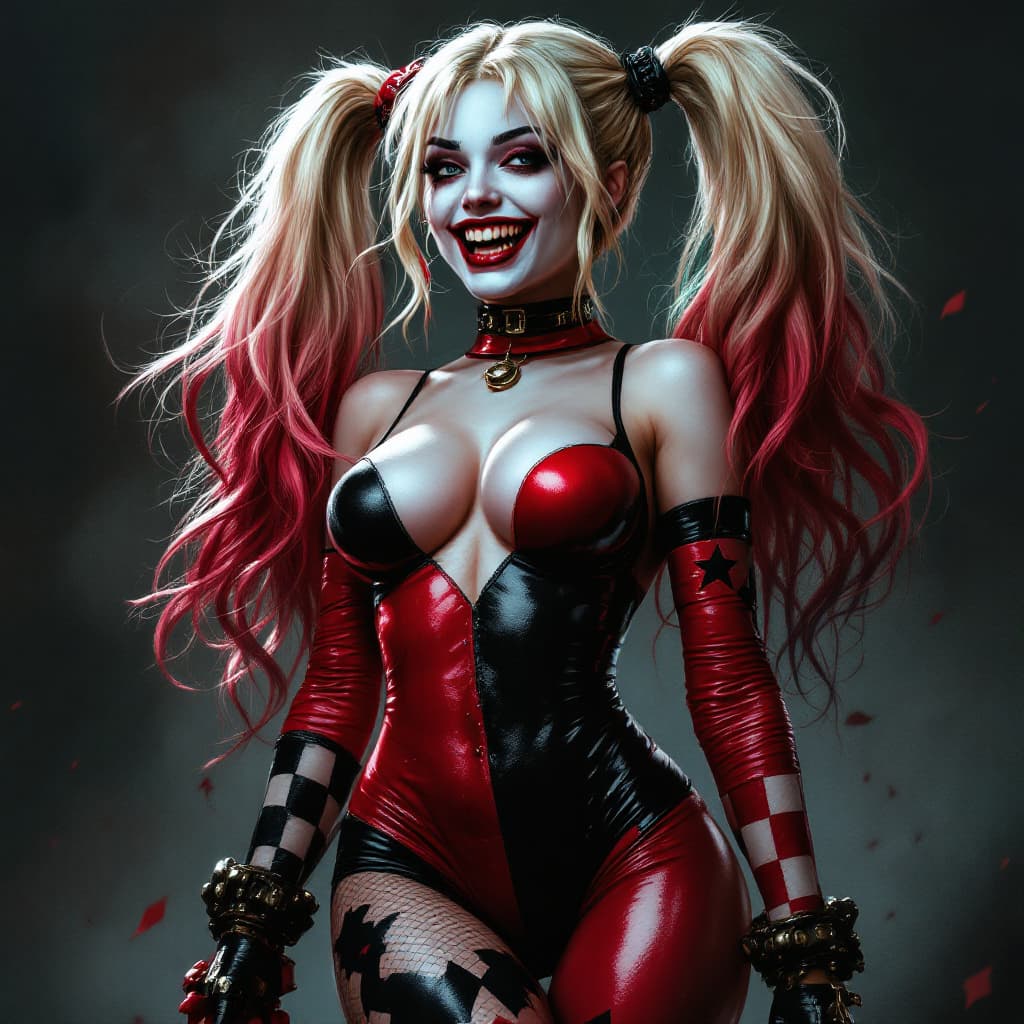 AI generated: 
Harley Quinn full body long shot, pose in  her  original  costume, deviant smile,  in the  style  o...