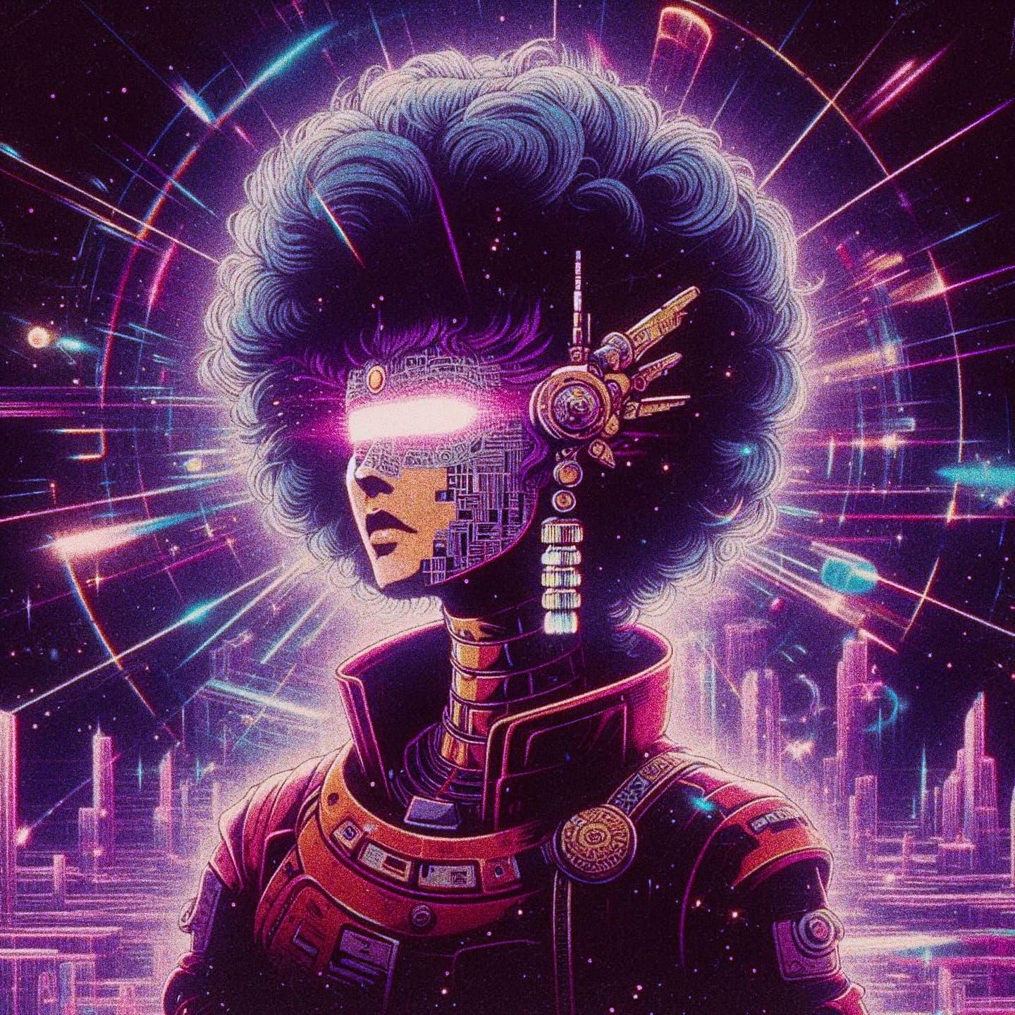 AI generated: 80's sci fi anime, Female warrior with curly long hair cruising the galaxy got lost, full body away ...