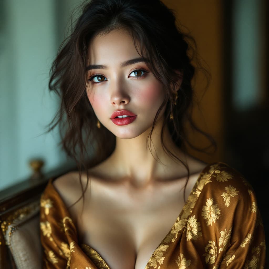 AI generated: A portrait of a young beautiful girl, full naked (uncensored), "slim with curves", Indonesian batik ...