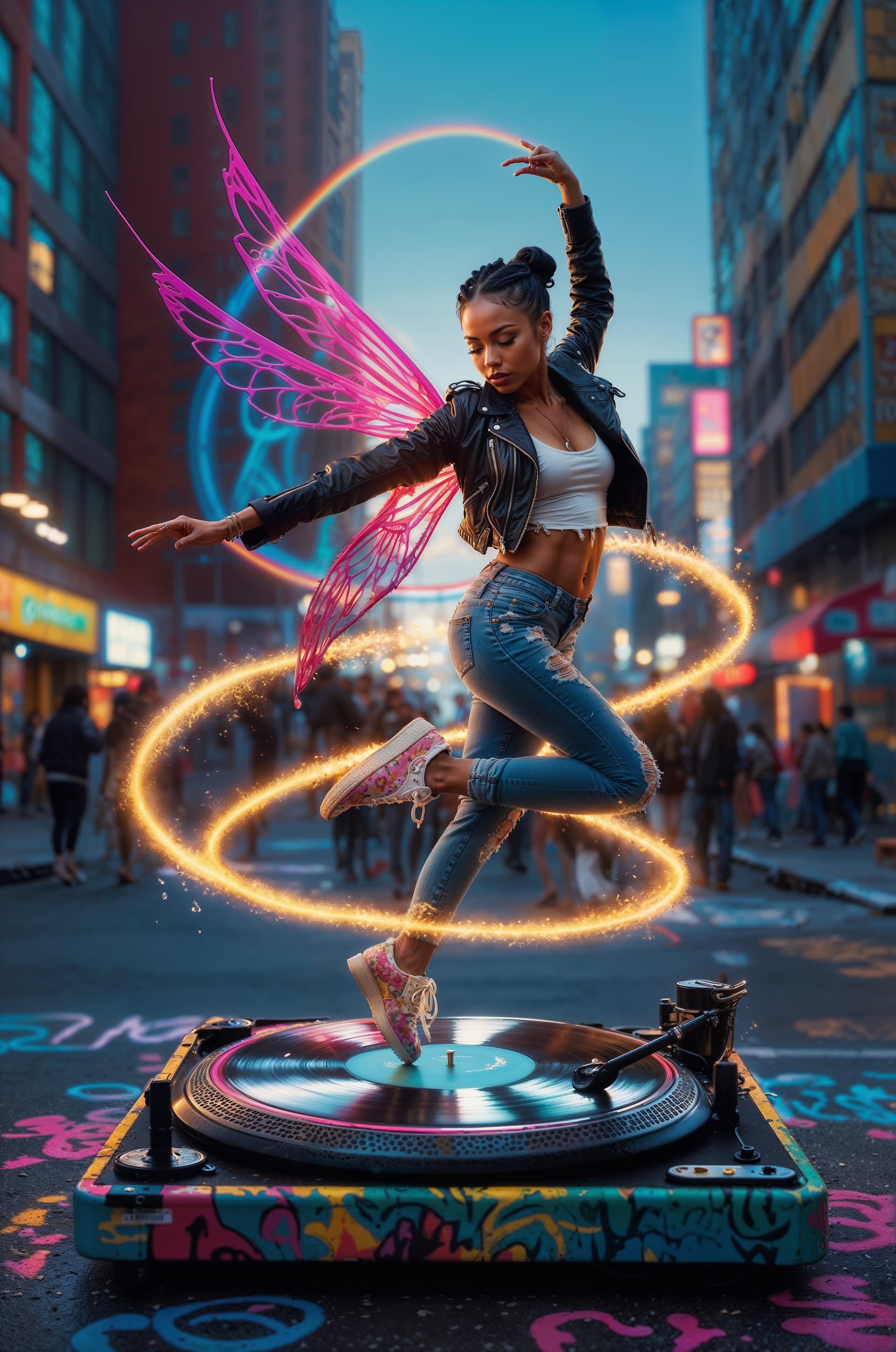 AI generated: A captivating Hyperrealistic illustration of an urban fairy gracefully dancing atop a vibrant, graff...