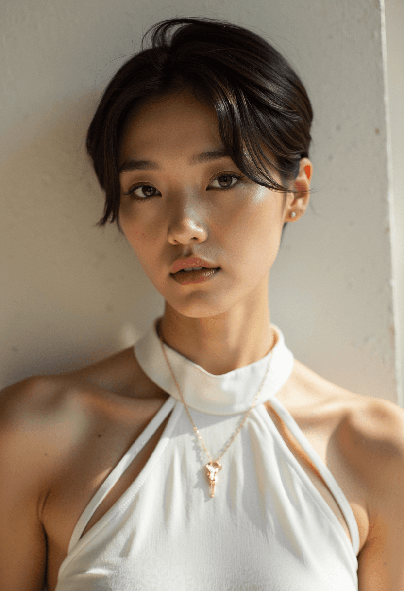 AI generated: A woman stands out against a softly blurred background, her modern hairstyle and edgy styling catchi...