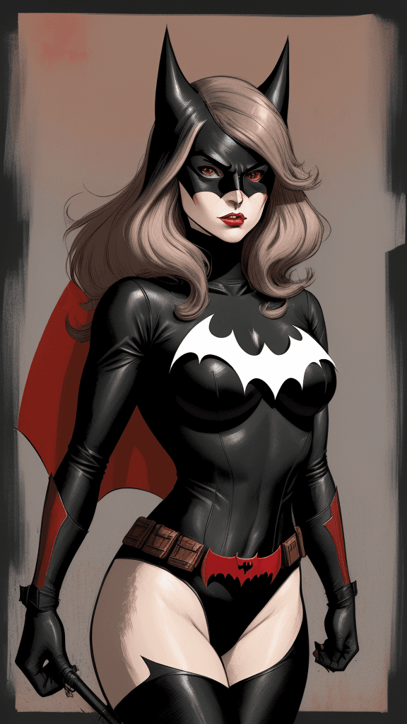 AI generated: a drawing of a batwoman, in the style of adventure pulp, dark white and bronze, mottled, yup'ik art,...