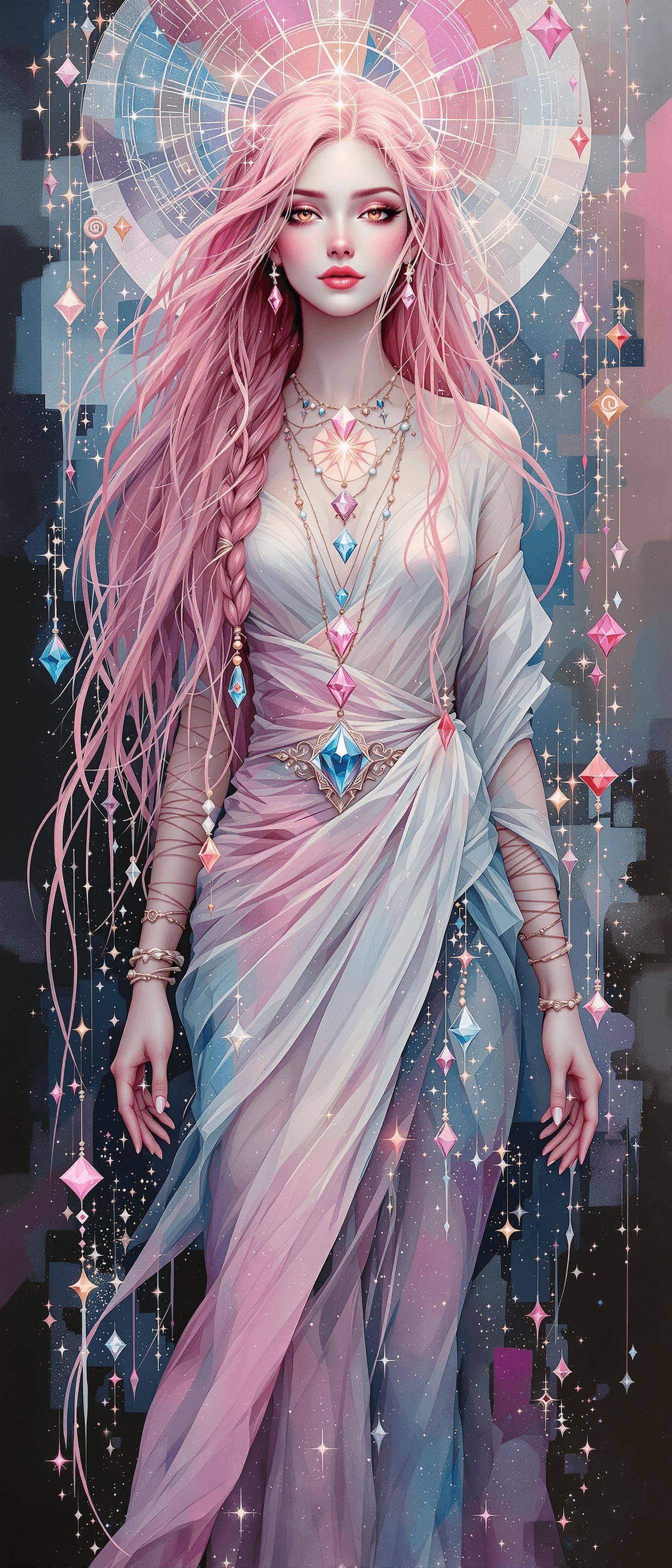 AI generated: "Rose Quartz Mystic in a Realm of Souls": A mesmerizing abstract painting depicts a mystic, with bot...