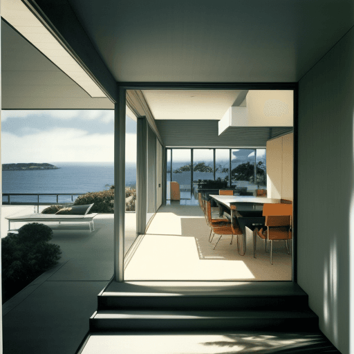 AI generated: Hyper realistic eye level exterior photo of a mid century modern style house overlooking the ocean, ...