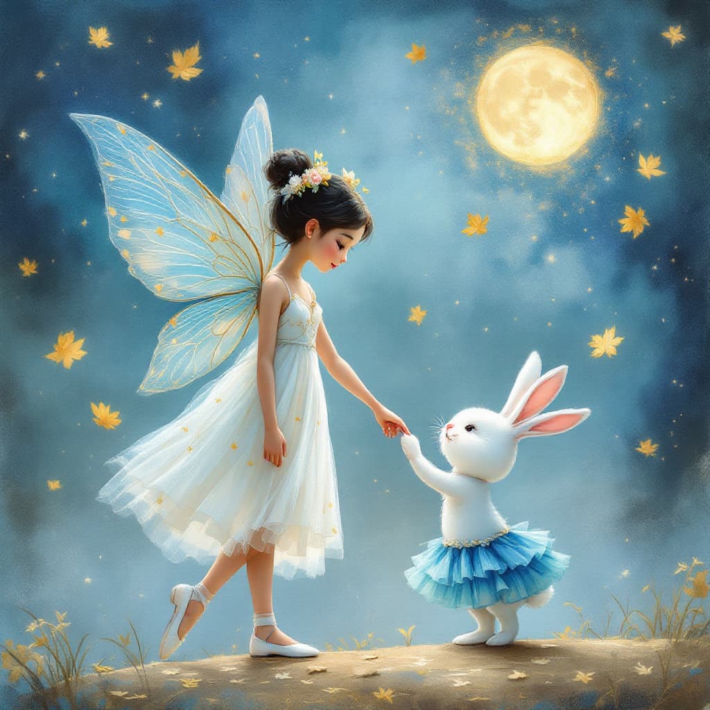 AI generated: :  A whimsical character depicting a fairy with delicate, translucent wings, wearing a flowing white...