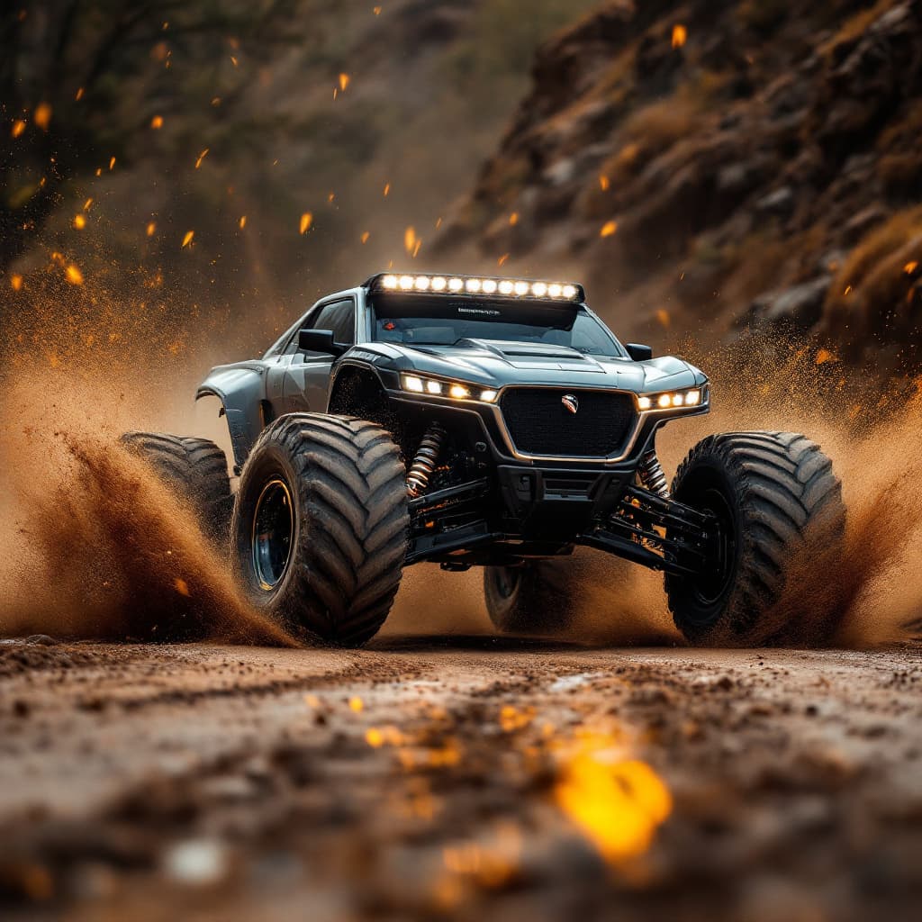 AI generated: photography, sports shooting, dynamic range, dynamic motion with jaguar ftype 4x4 Monster Truck driv...