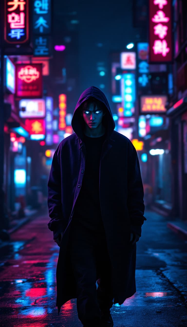 AI generated: A photo-realistic cinematic shot of a young Korean man inspired from Sung Jin-Woo from Solo Leveling...