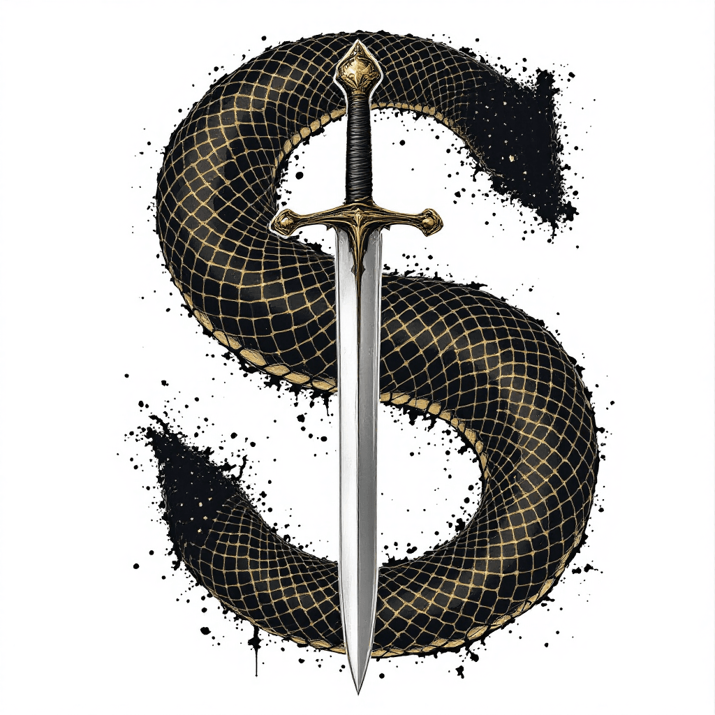 AI generated: Snake in S letter shape on white background with a sword in between the S letter 