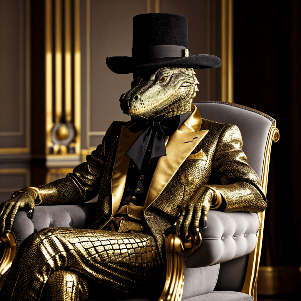AI generated: photo of an anthropomorphic crocodile  sitting in a chair,wearing golden suit and black colored cyli...