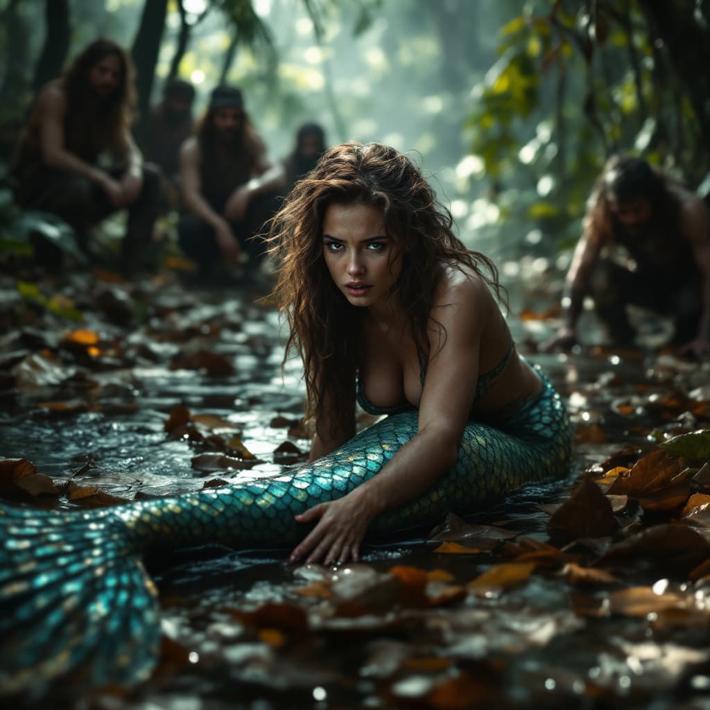 AI generated: Prompt:
"A stunning and vulnerable mermaid with an iridescent, textured fishtail, thrown onto a wet ...