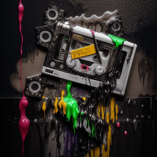 AI generated: Cassette Tape, oozing gooey leaking dripping wet moist damp coalescing viscous fashion photography, ...