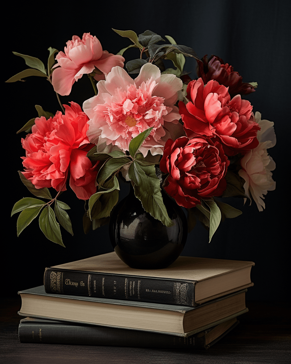 AI generated: A beautiful lush pink and red flower arrangement in an elegant black vase, resting on top of several...