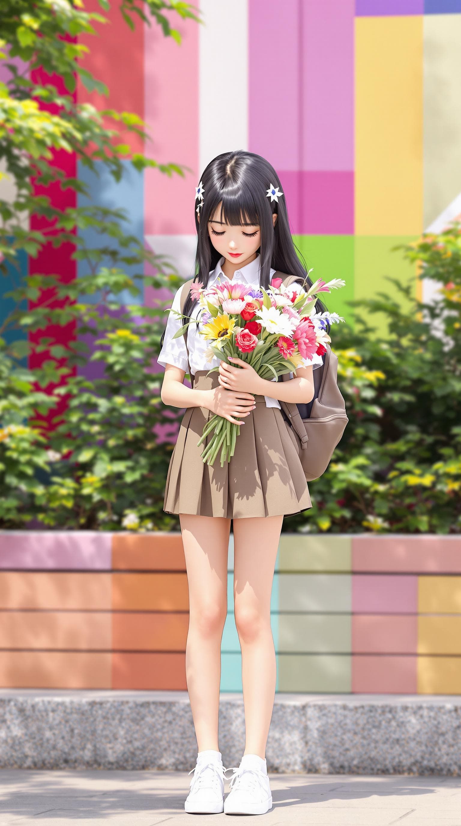 AI generated: In the image, ((full body:1.4)), a 3D animation s seen standing outdoors, Lowering the face to the s...