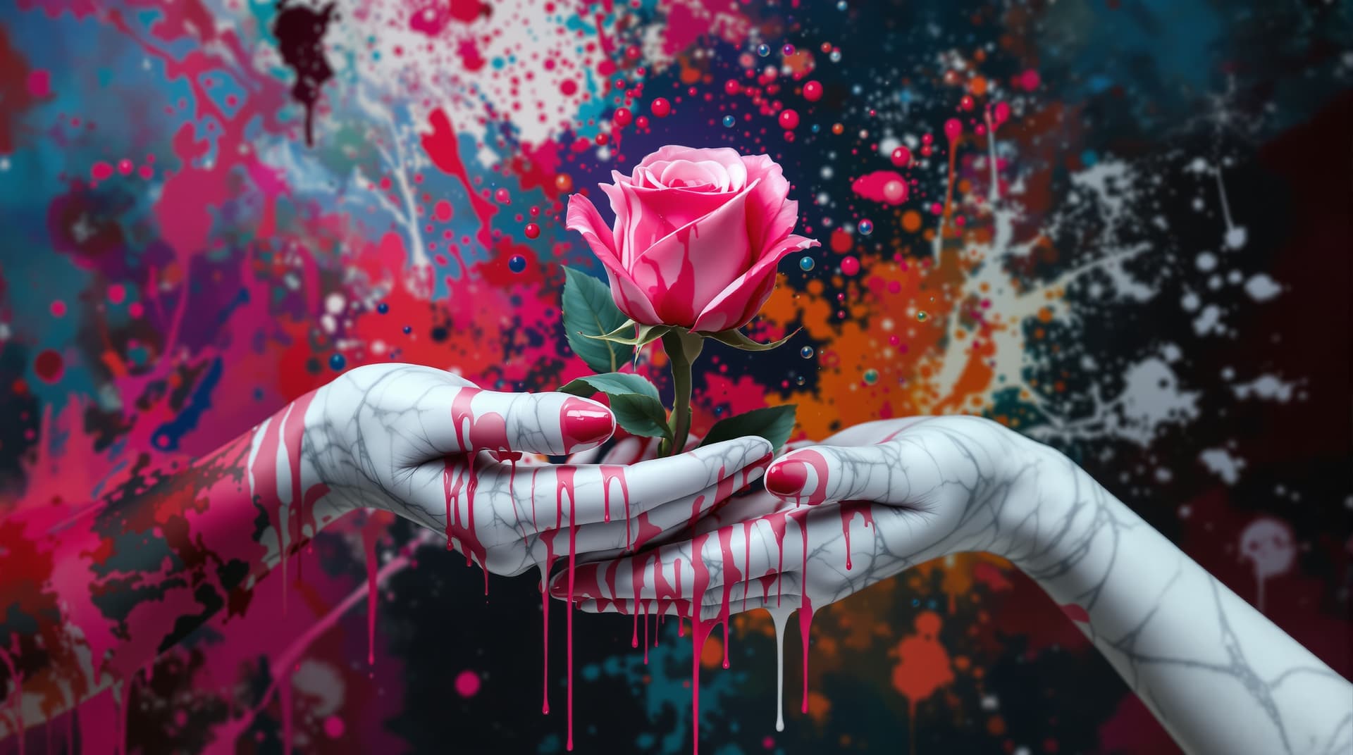 AI generated:  random pose,  two hands white marble skin, giving   a   rose ,the flower is made of dripping liquid...