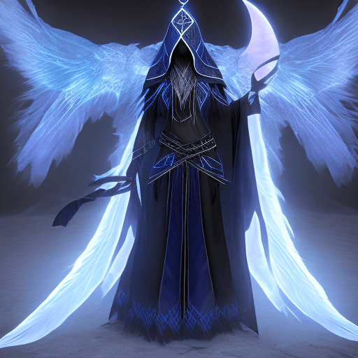 AI generated: pale woman, wearing obsidian black frabric robes with glowing blue runes, wearing a headdress made o...