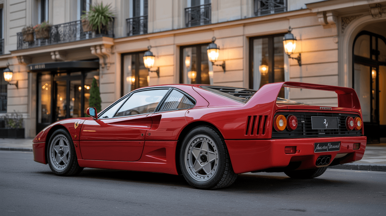 AI generated: Ferrari f40 rouge devant un hotel de luxe à paris