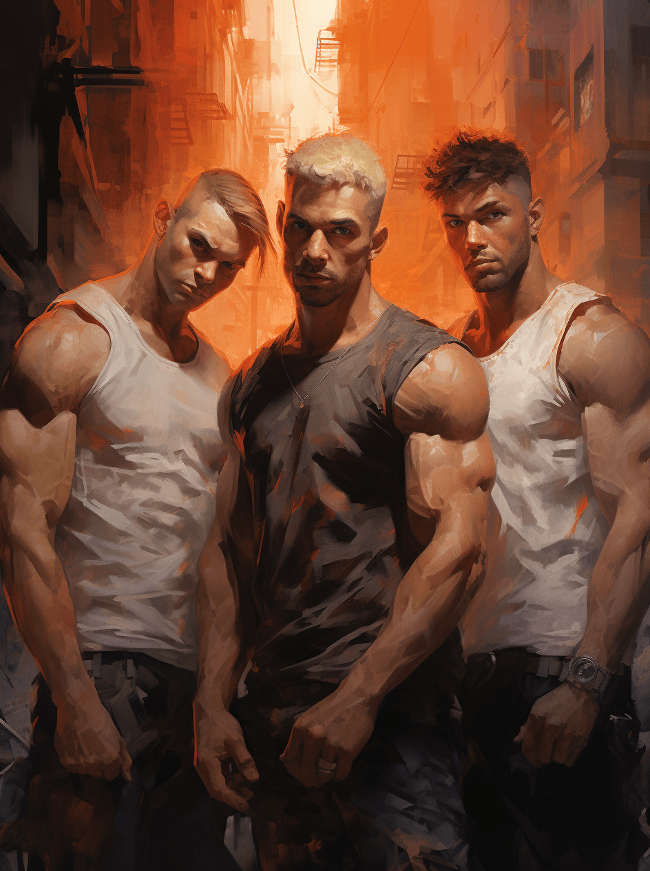 AI generated: Four men standing in front of a city looking like they are working out, in the style of devilcore, i...