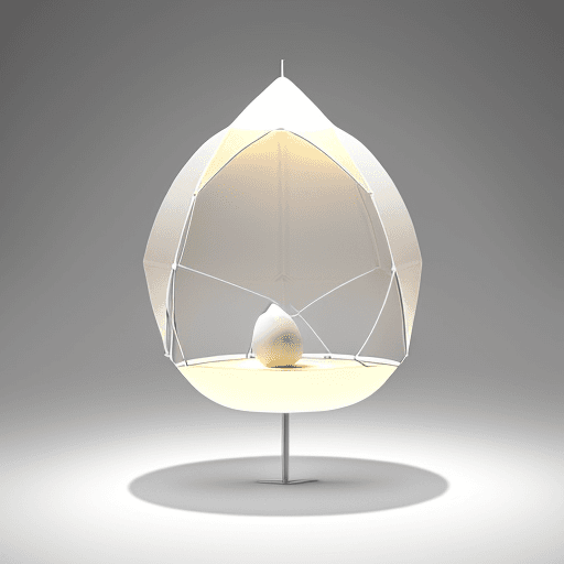 AI generated: "Behold a marvel of design—an egg-shaped tent structure that emanates a soft glow. Crafted from alum...