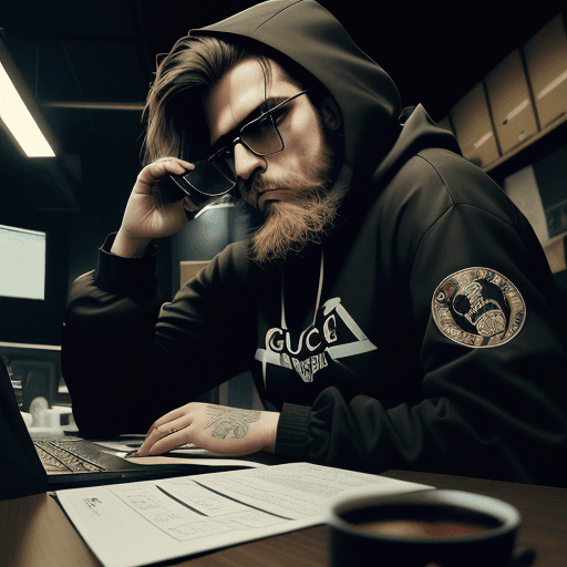 AI generated: hacker, darkroom, coder, computer, man, medium beard, cool, grunge, (typing), ultra detailed and det...