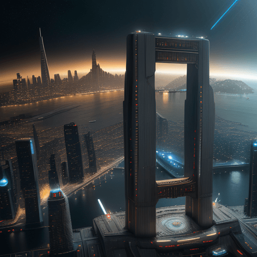AI generated: futuristic city, star trek, federation, earth, san francisco, golden gate bridge, headquarter, lands...