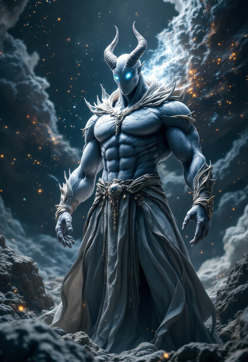 AI generated: God of Gases, full-body, Etherial, muscular, No mouth or hair, Glowing grey eyes, epic, cinematic, 8...