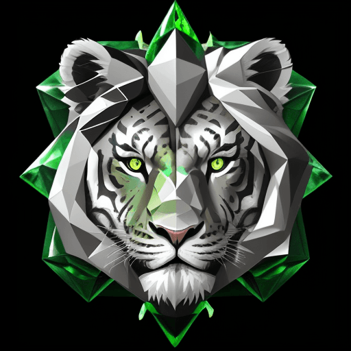 AI generated: An illustration of a cubist lion face pendant, crafted from silver and embedded with gemstones of gr...