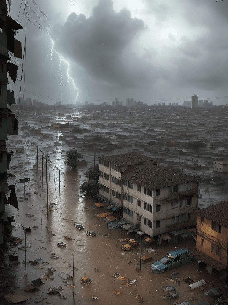 AI generated: A heavy storm and flooding of a slum area corner,flood,
rain,typhon,
litter,intricate detail,masterp...