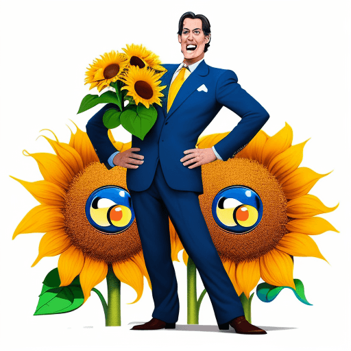 AI generated: cREATE an image of a Jim Carey smelling a sunflower, full body, humor expressionism, caricatured, bi...