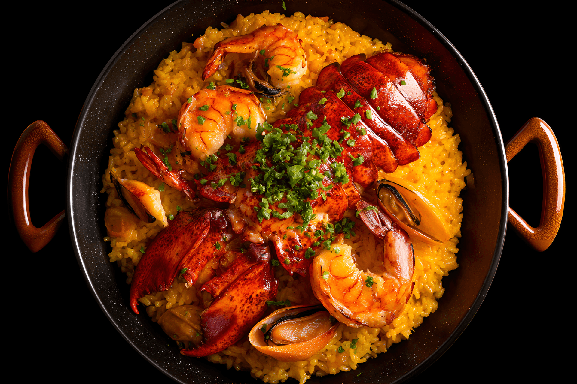 AI generated: aesthetic top-down shot of a luxurious seafood paella served in a traditional Spanish pan, featuring...