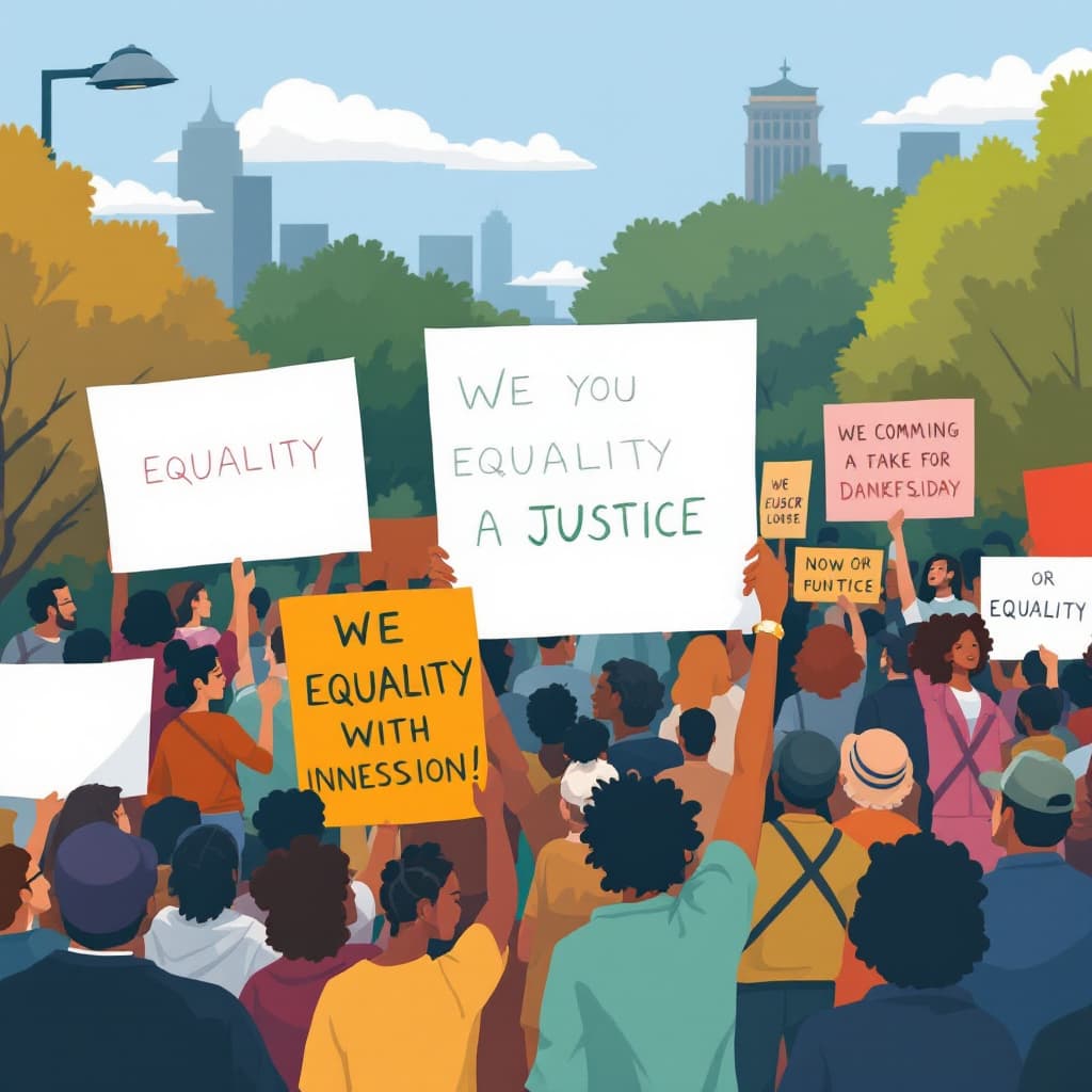AI generated: 20240728153957list 2 Lofi illustration of a community rally with people holding 6 big signs advocati...