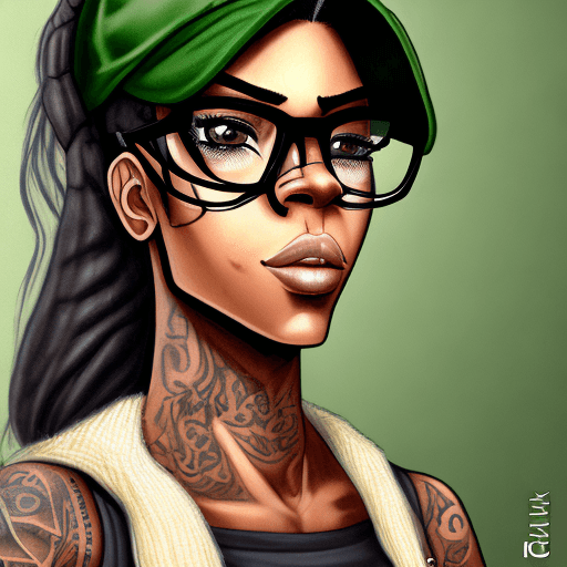 AI generated: amazing, fine detail, pony tail, olive green eyes, black hair, hat, skinny, tattoos, light brown ski...