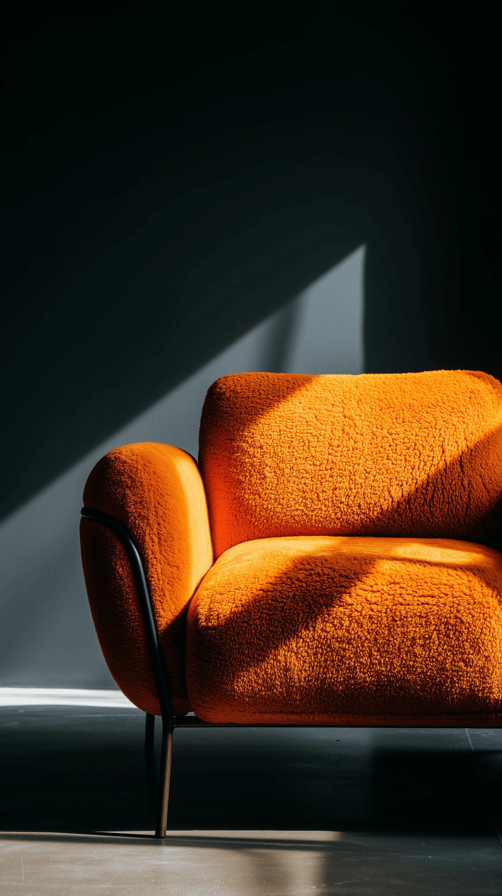 AI generated: productive photography, front view, minimalist fluffy single couch, inspired by mid-century modern, ...