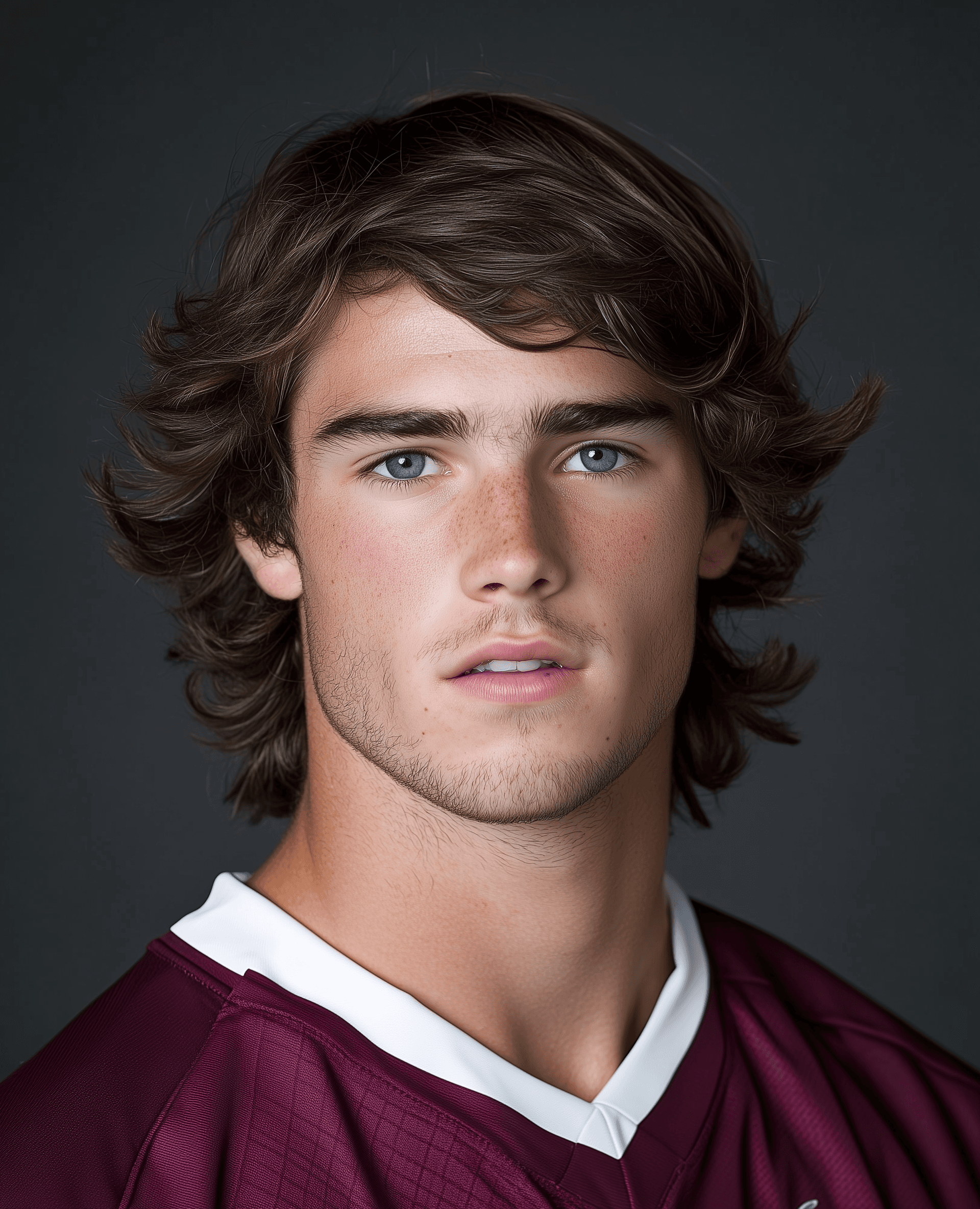 AI generated: Roanoke College men's lacrosse headshot of an athletic male in his early to mid-20s wearing maroon a...