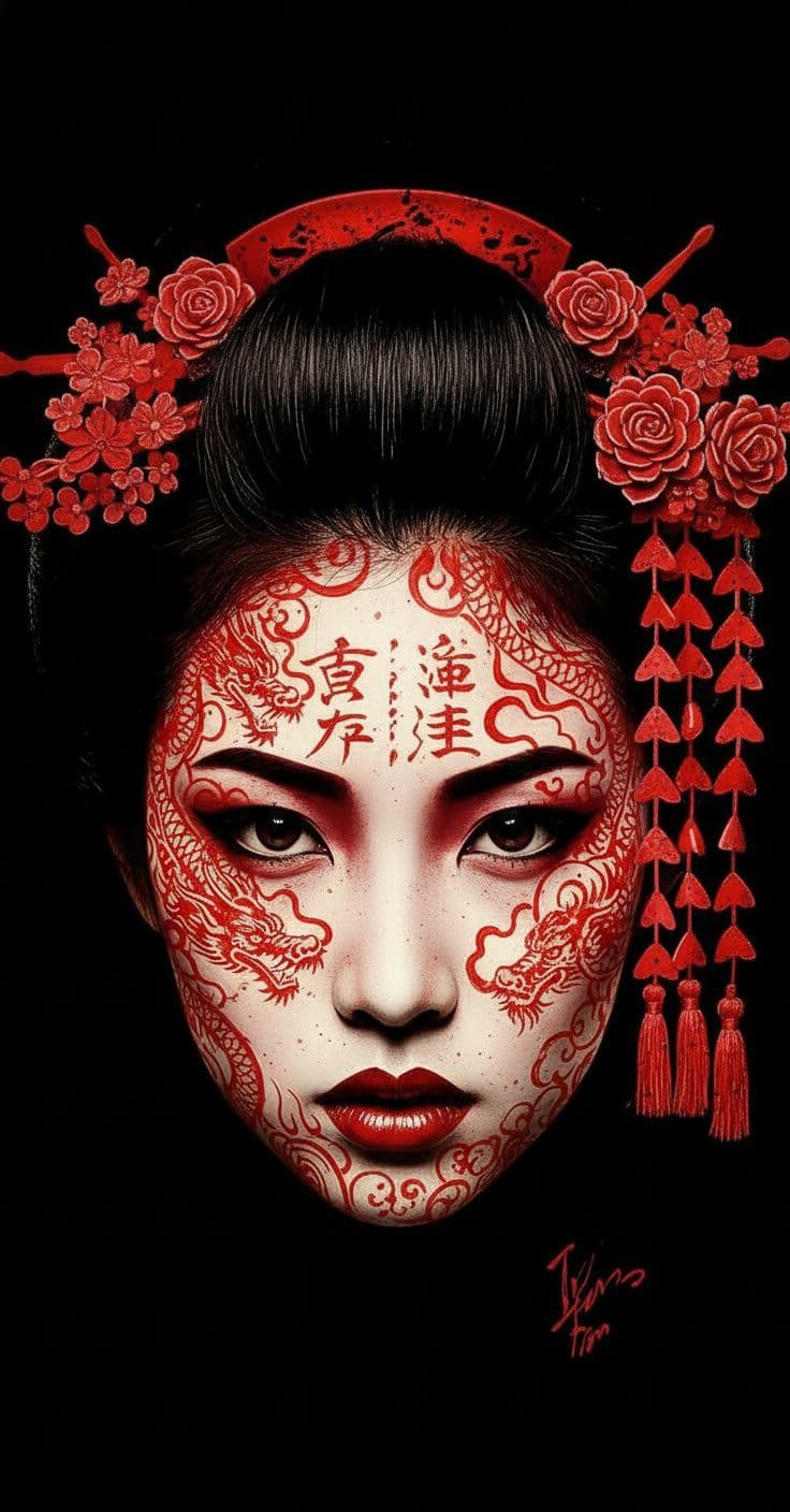 AI generated: Japanese ink portrait of 2 Geisha faces --chaos 75 --ar 1:2 --style raw --profile rsy6uq9 --stylize ...