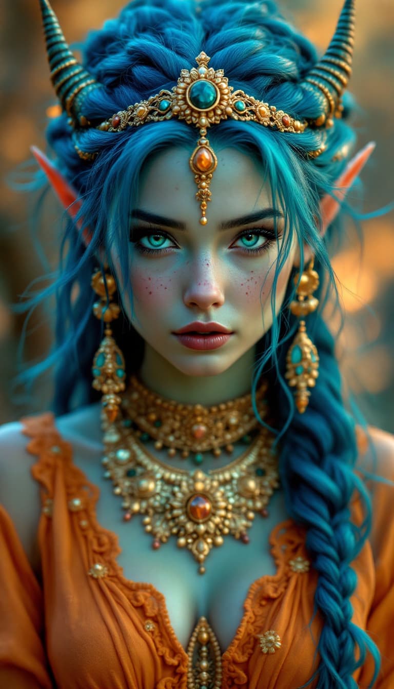 AI generated: score_9, score_8_up, score_7_up,source,blue hair, braided hair, long hair, elf ears, horns, green sk...