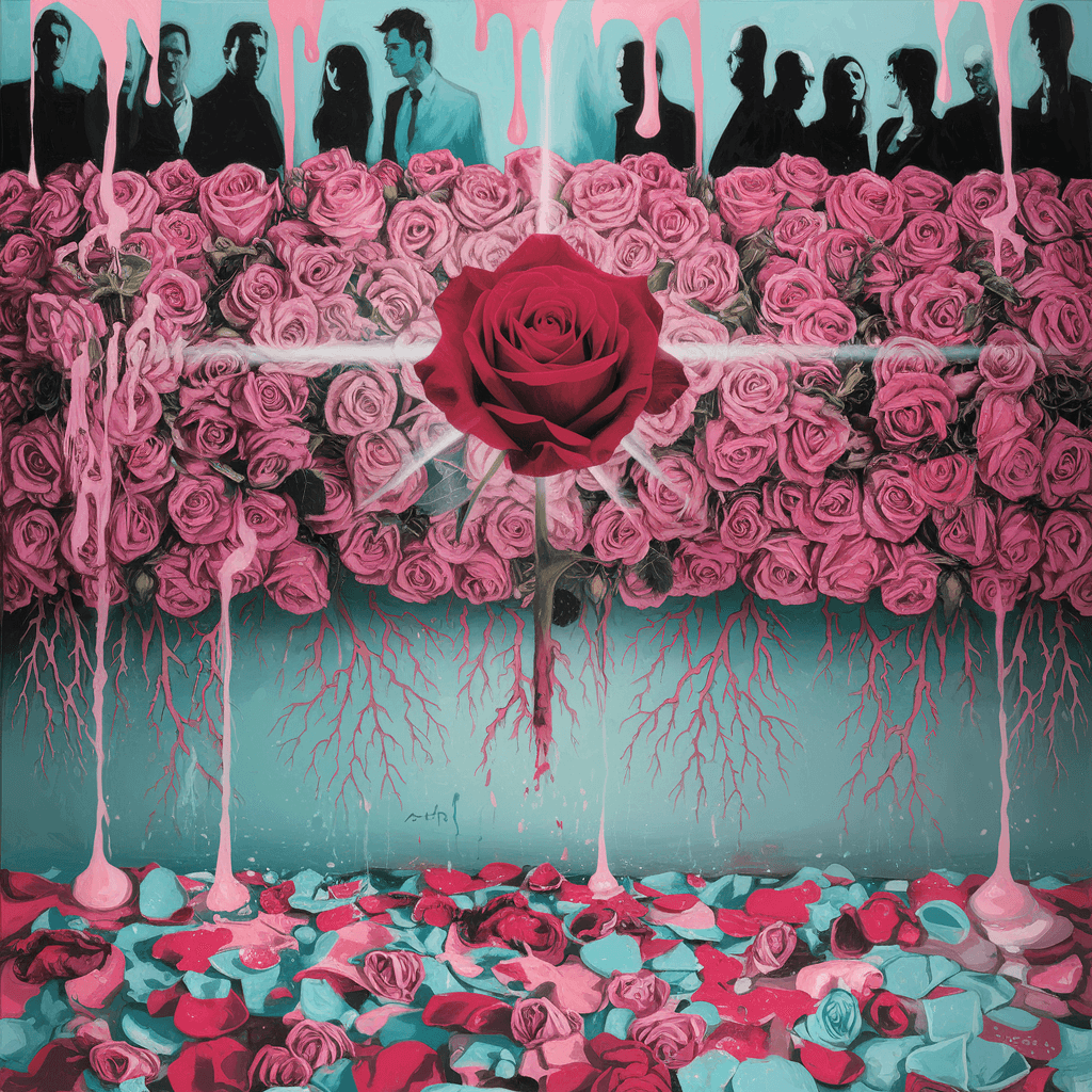 AI generated: A red rose shines in front of an immense rose bush that creates a surreal wall of creeper, which bra...