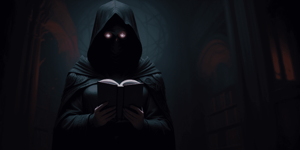 AI generated: librarian with dark hood covering face exploring forbidden knowledge of the high eldritch gods, high...