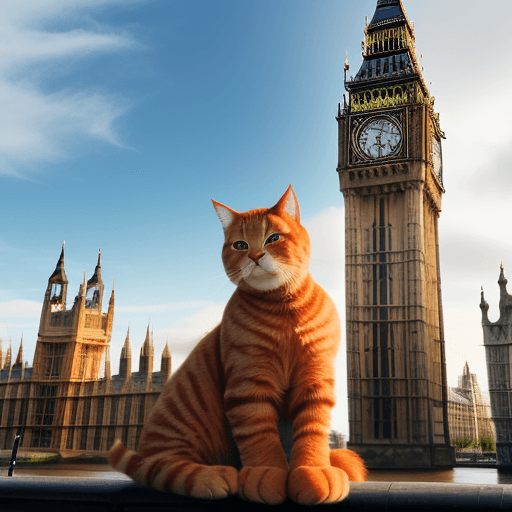 AI generated: Big ginger cat destroying big ben in london