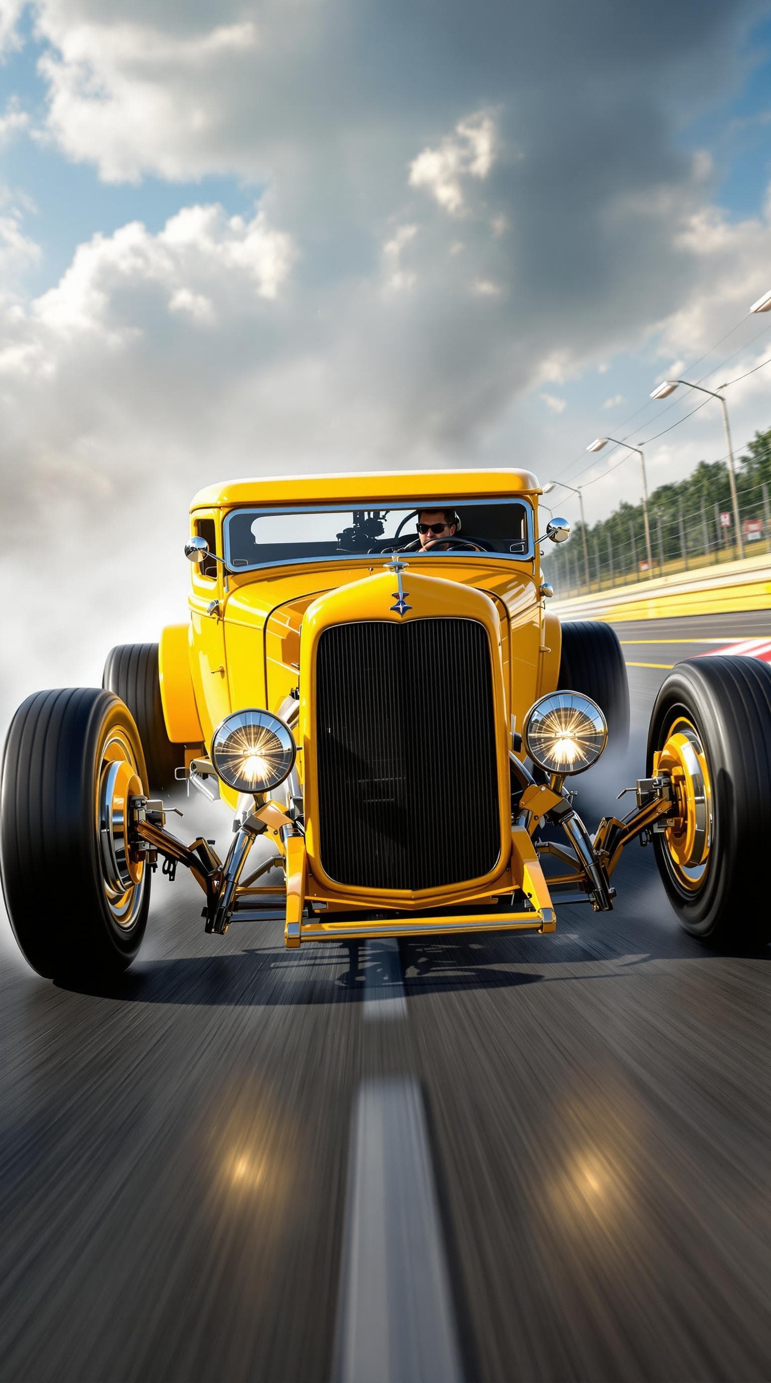 AI generated: Envision a 3D photorealistic, bright yellow 1920s ford hot rod  with a driver charging down a race t...